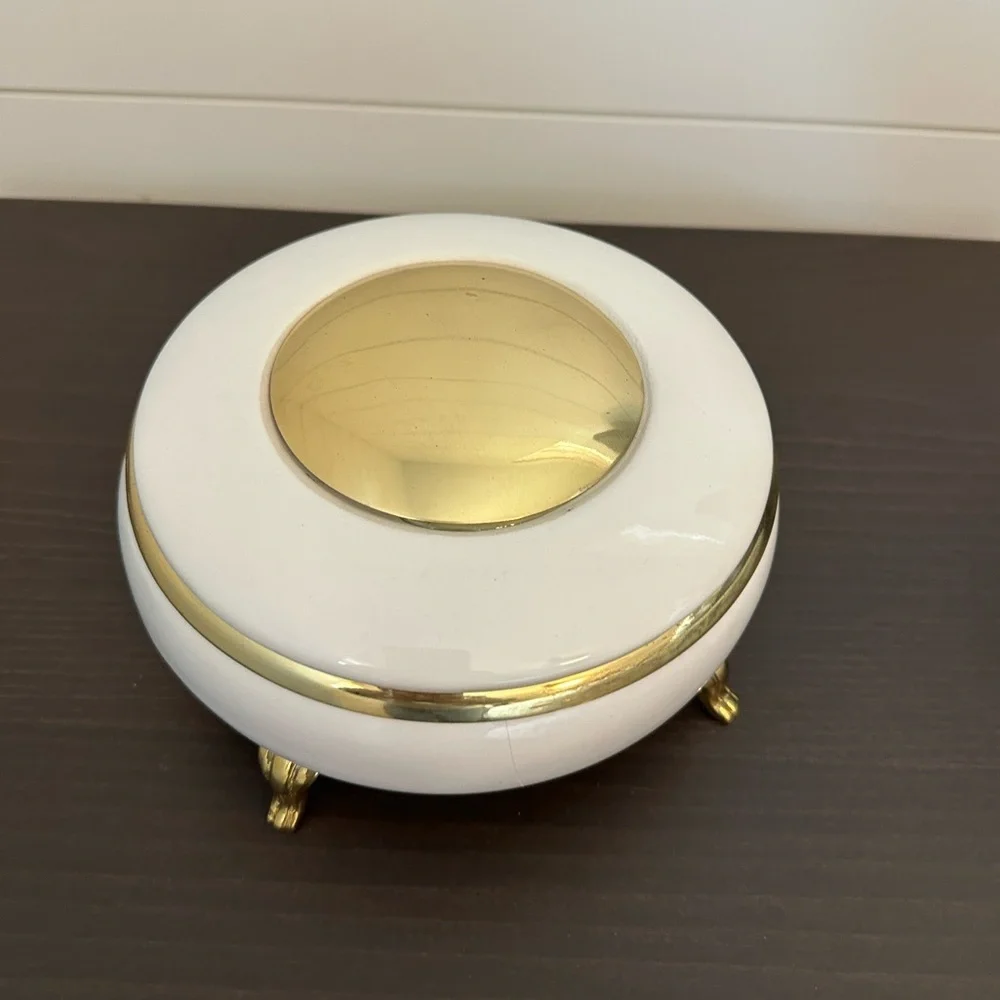 Vintage Hollywood Regency white porcelain trinket box gold gilt claw feet